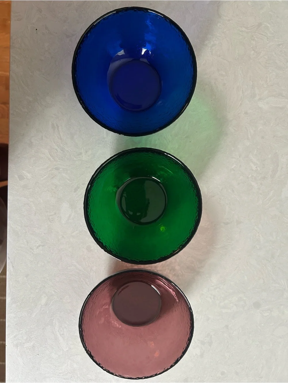 Set of Three jewel Colored Glass Bowls - Blue, Green, amethyst